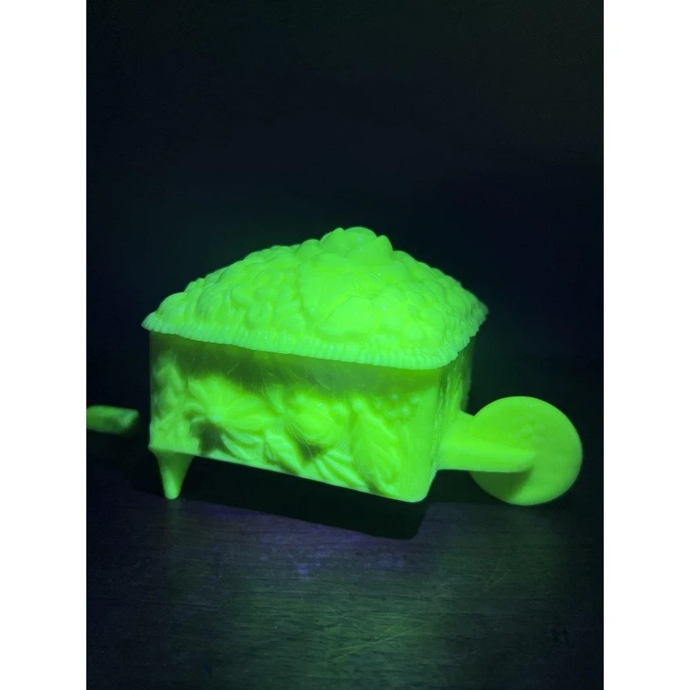 As Is-clean Break-chipped Lid-uranium Glass Custard Glow Wheelbarrow Candy Dish